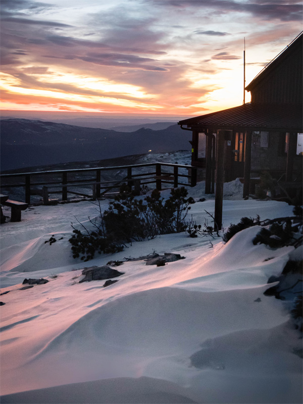 Mountain hut Pume in the winter sunset on Dinara mountain