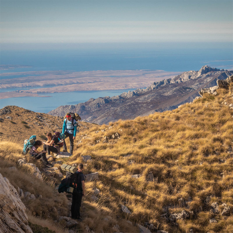 Hike towards Sveto brdo peak on Velebit mountain in Croatia