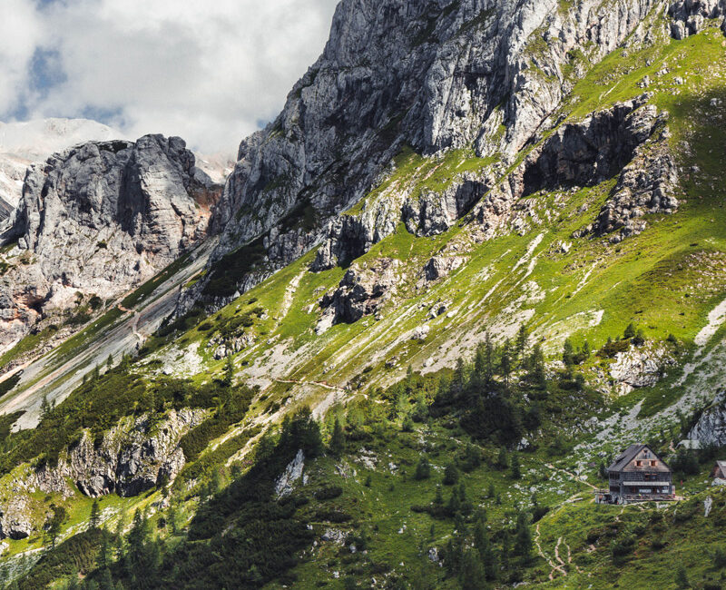 Mountain hut Vodnikov dom under the peak Vernar in Triglav national park